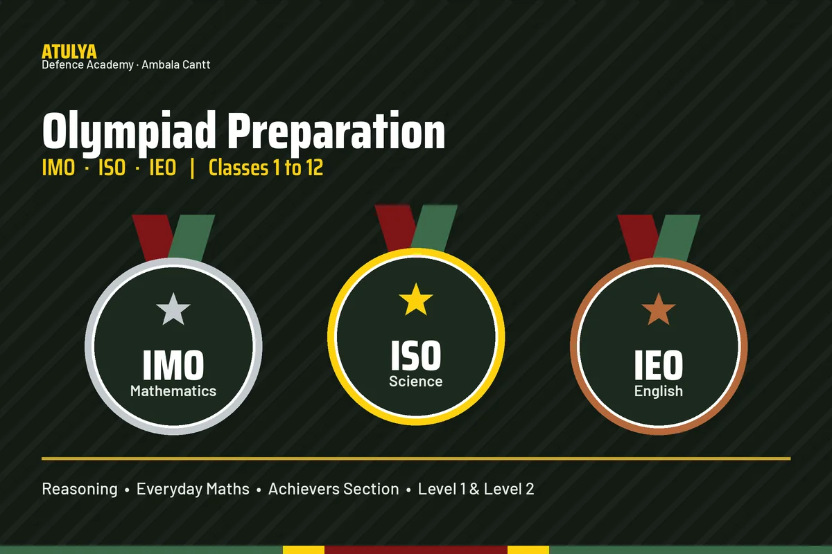 Olympiad coaching at Atulya Defence Academy Ambala for IMO maths, ISO science and IEO English, Classes 1 to 12